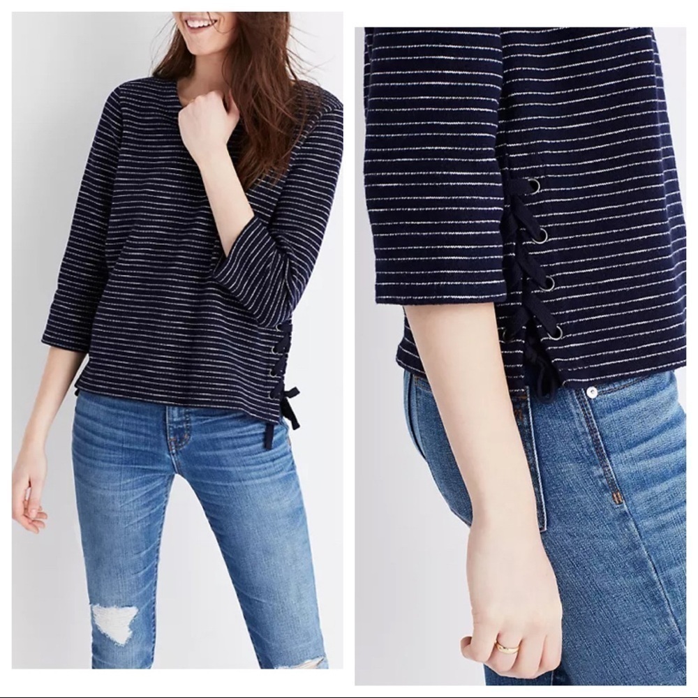 Madewell Cotton Striped Side Lace Tie Boxy Top Small